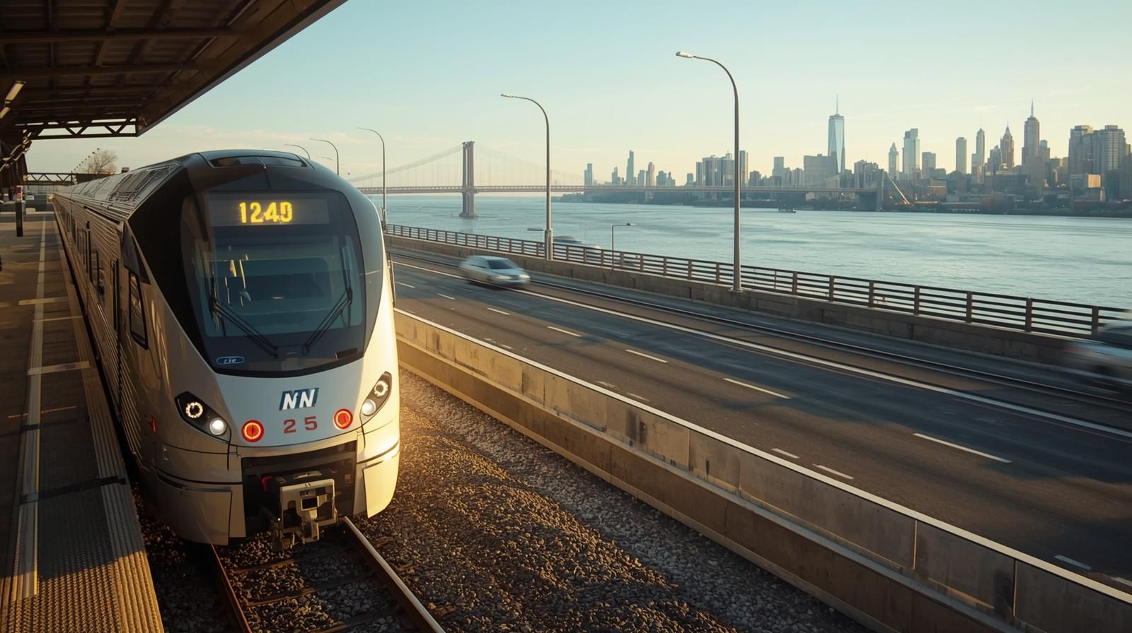 NJ Transit commuter train traveling along the Hudson River with Manhattan skyline in the background, representing living in Bergen County NJ and NYC commute access.