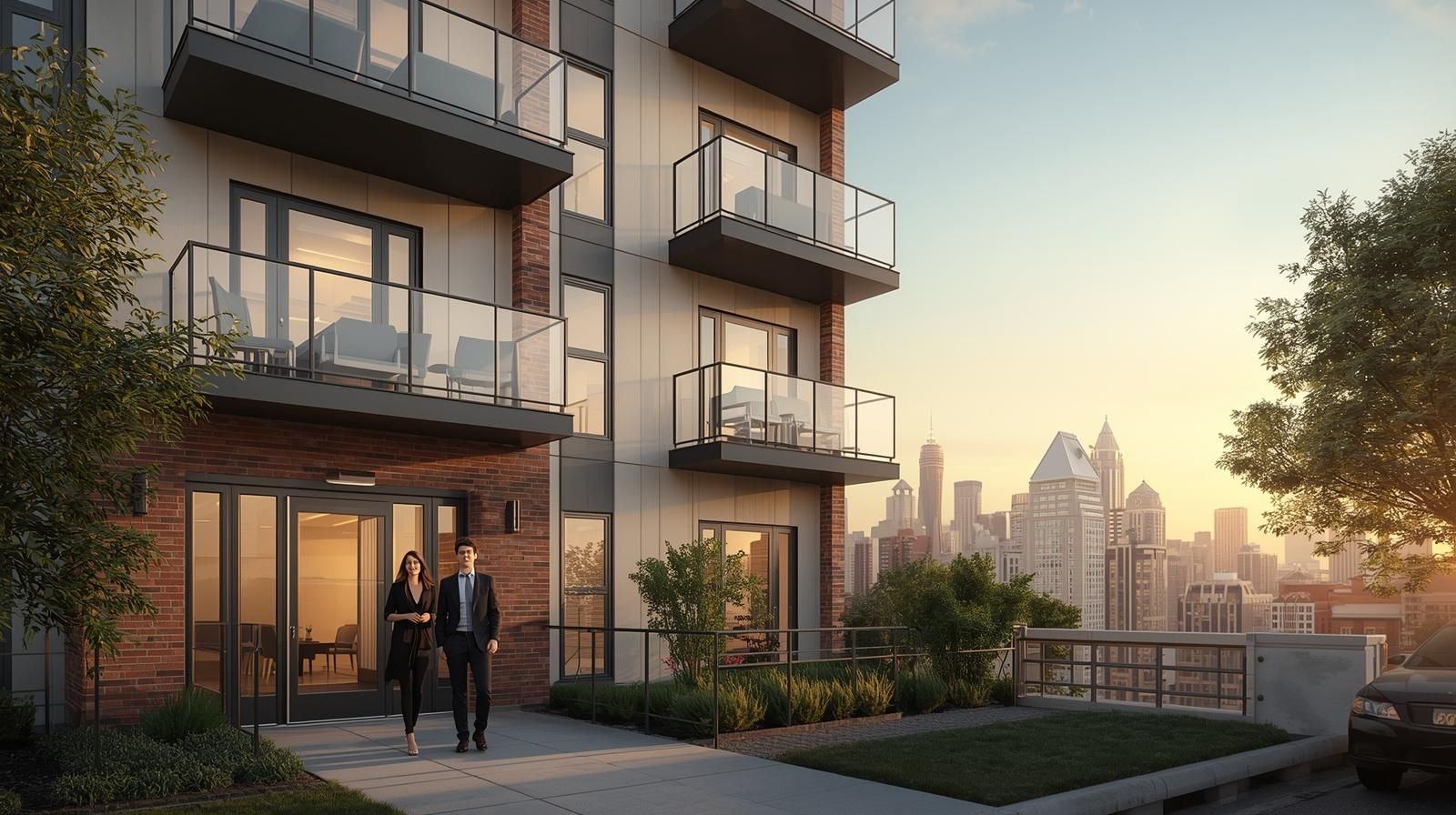 Modern mid-rise condo building in Bergen County NJ with balconies and a couple walking outside at sunset, with Manhattan skyline in the distance, illustrating condo and co-op living as an affordable entry point near NYC.