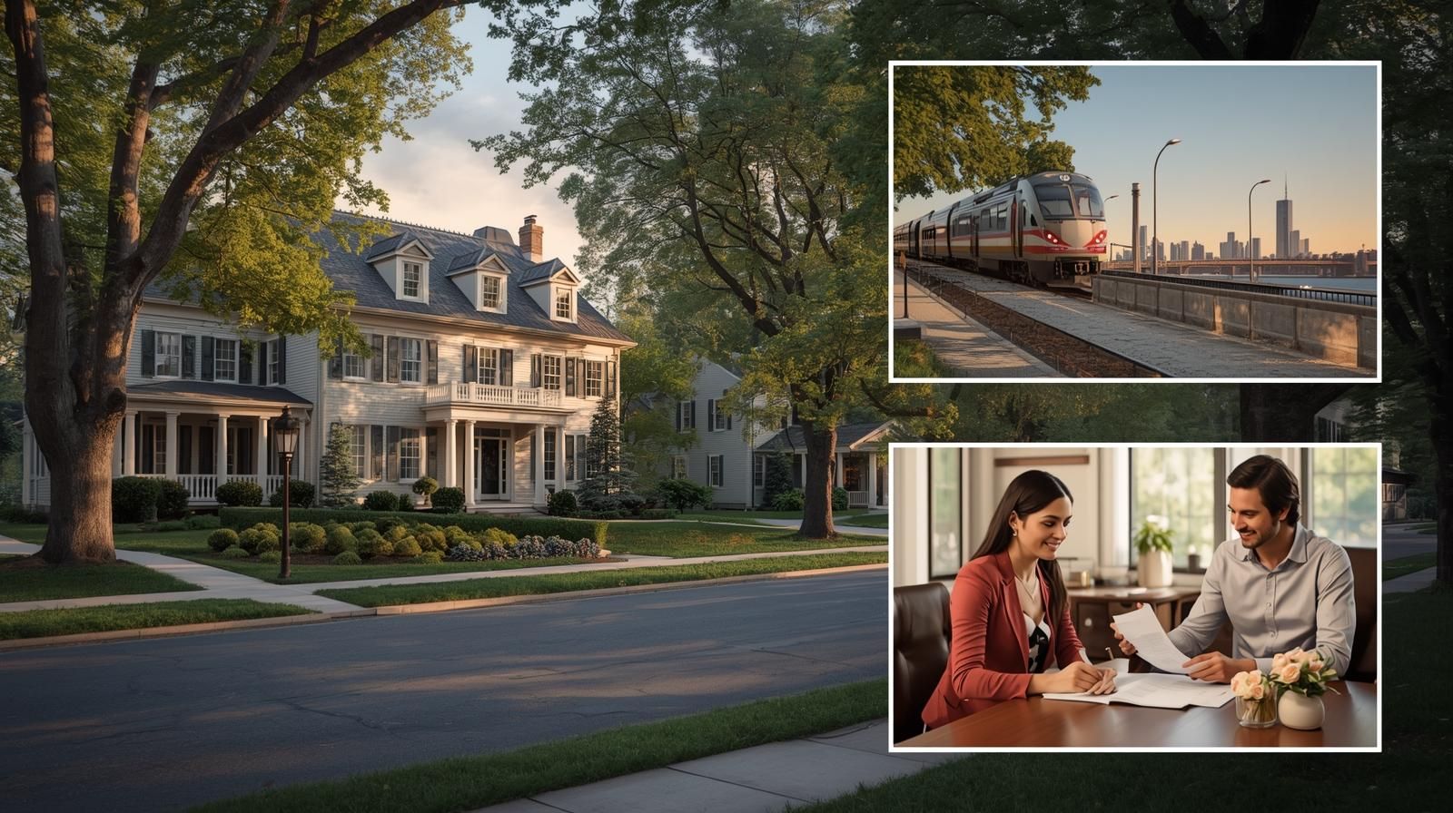 Upscale suburban home in Bergen County NJ with nearby commuter train and couple reviewing property documents, illustrating commute convenience versus property tax trade-off.