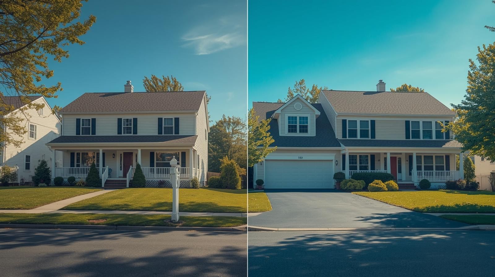 Split-screen comparison of single-family homes in Passaic County NJ and Bergen County NJ, highlighting larger yard and driveway space in Passaic versus a more compact suburban home in Bergen to illustrate cost of living differences.