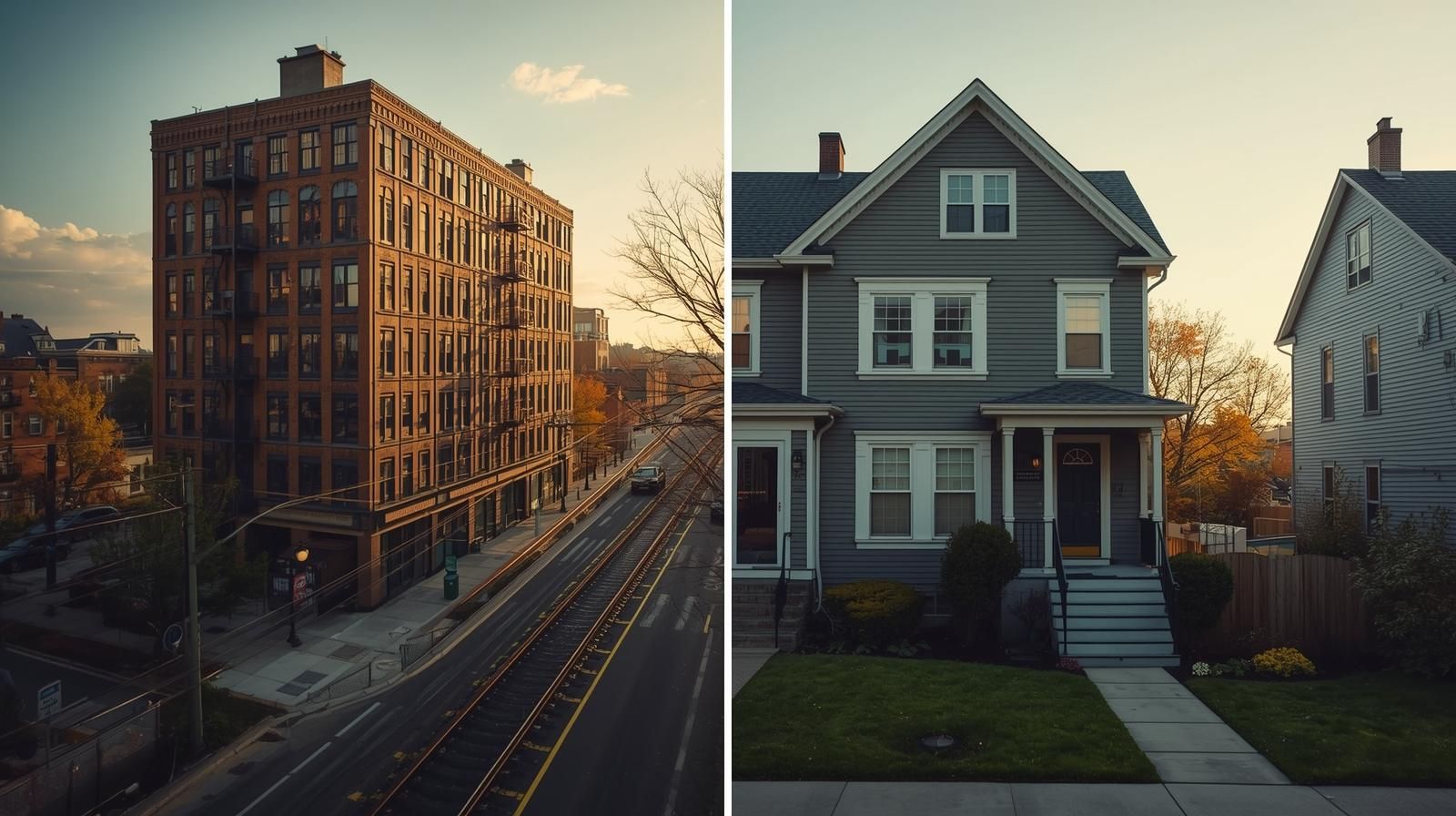 Split-screen image showing a Queens NYC apartment building with elevated train tracks on one side and a two-family home in Clifton NJ with yard space on the other, illustrating a relocation from city living to suburban investment opportunity.