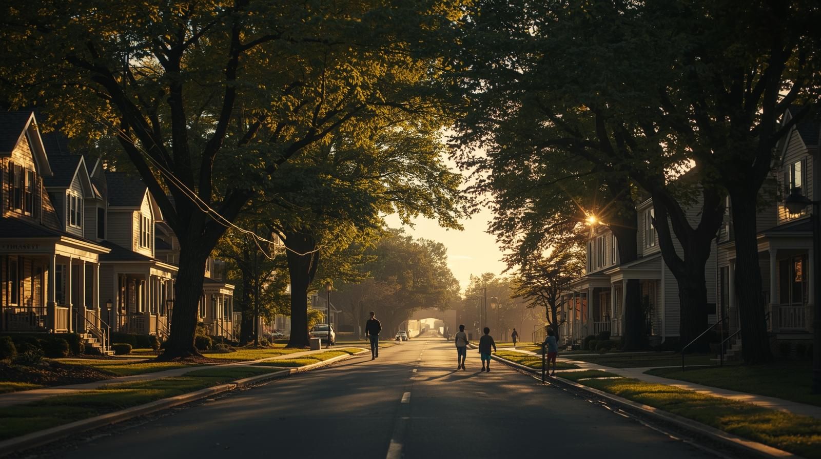 Tree-lined suburban street in Passaic County NJ at golden hour with well-maintained single-family homes and residents walking, representing family-friendly living and commuter lifestyle balance near NYC.