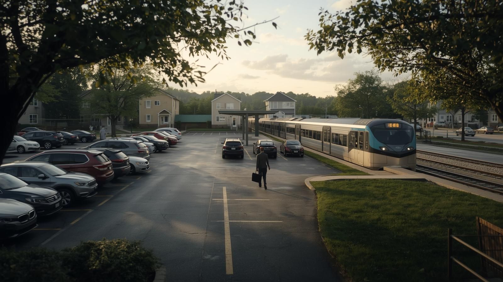 Wayne NJ park-and-ride commuter lot with NJ Transit train arriving at station, showcasing convenient transit access and suburban living near Little Falls along the Montclair-Boonton Line.