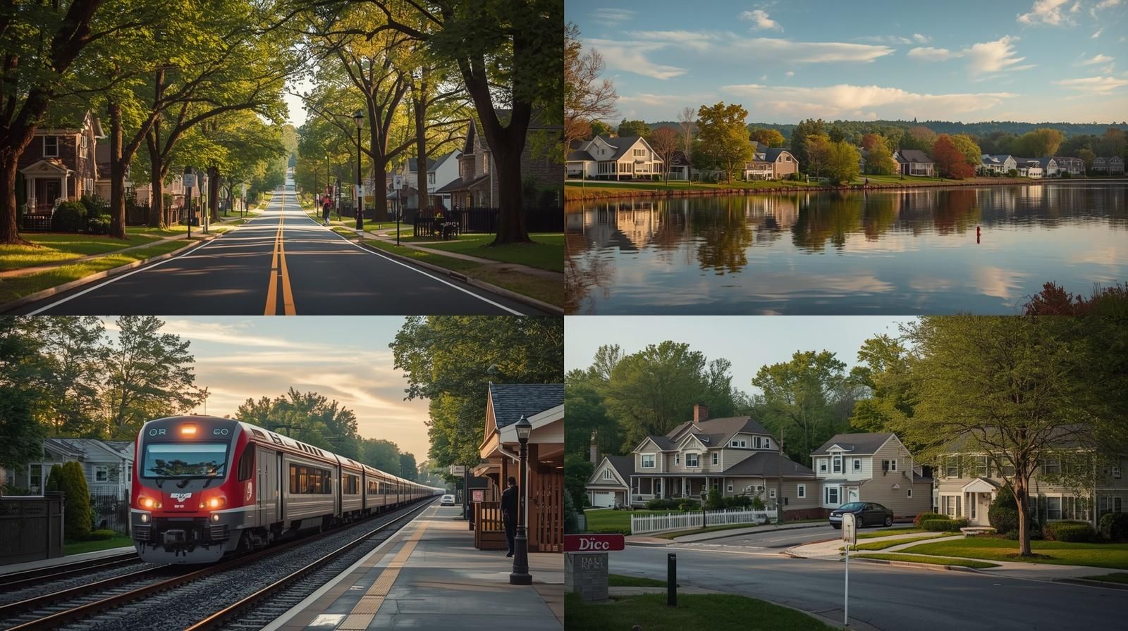 4-panel lifestyle collage showcasing the best places to live in Passaic County NJ, featuring a tree-lined suburban street in Clifton, lakeside homes in Wayne, NJ Transit train station in Little Falls, and quiet residential neighborhood in Totowa.