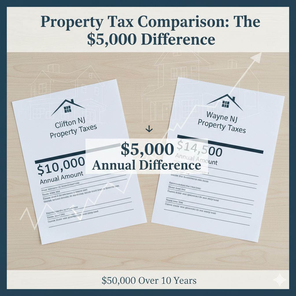 Cost of living comparison North Jersey showing Wayne NJ property taxes $13,000 to $15,000 vs Clifton NJ $9,000 to $11,000 annual difference