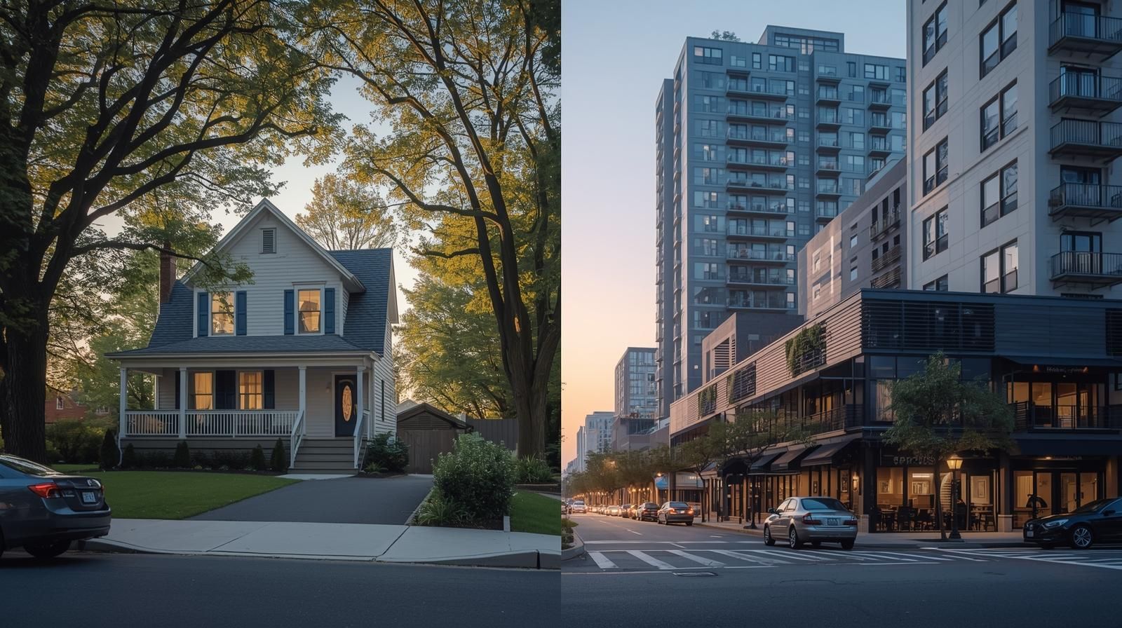 Cost of living comparison North Jersey showing Clifton NJ suburban tree-lined streets vs Hackensack NJ urban high-rise condo redevelopment