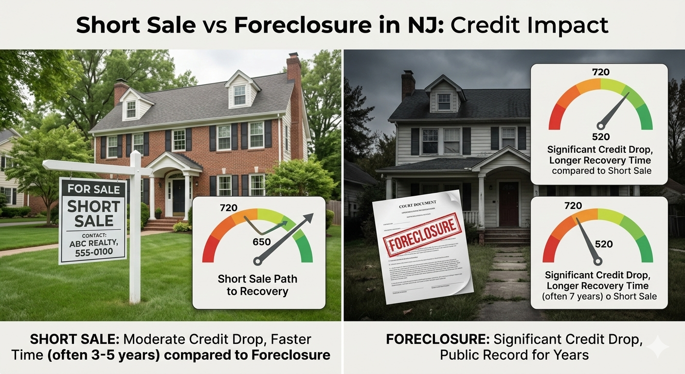 Create a professional split screen comparison image titled “Short Sale vs Foreclosure in NJ: Credit Impact.” On the left side, show a North Jersey suburban home with a For Sale sign labeled Short Sale, soft natural lighting, and a credit score gauge showing a moderate drop with signs of recovery. On the right side, show a similar home with darker tones, a court document stamped Foreclosure, and a credit score gauge showing a significant drop. The overall design should be clean, educational, and professional. Realistic photography style, high resolution, neutral modern color palette, suitable for a real estate blog section. No cartoon style, no dramatic emotions.
