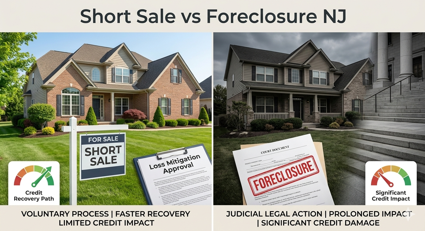 Short sale vs foreclosure NJ comparison showing North Jersey home, loss mitigation approval, courthouse, and credit impact difference.