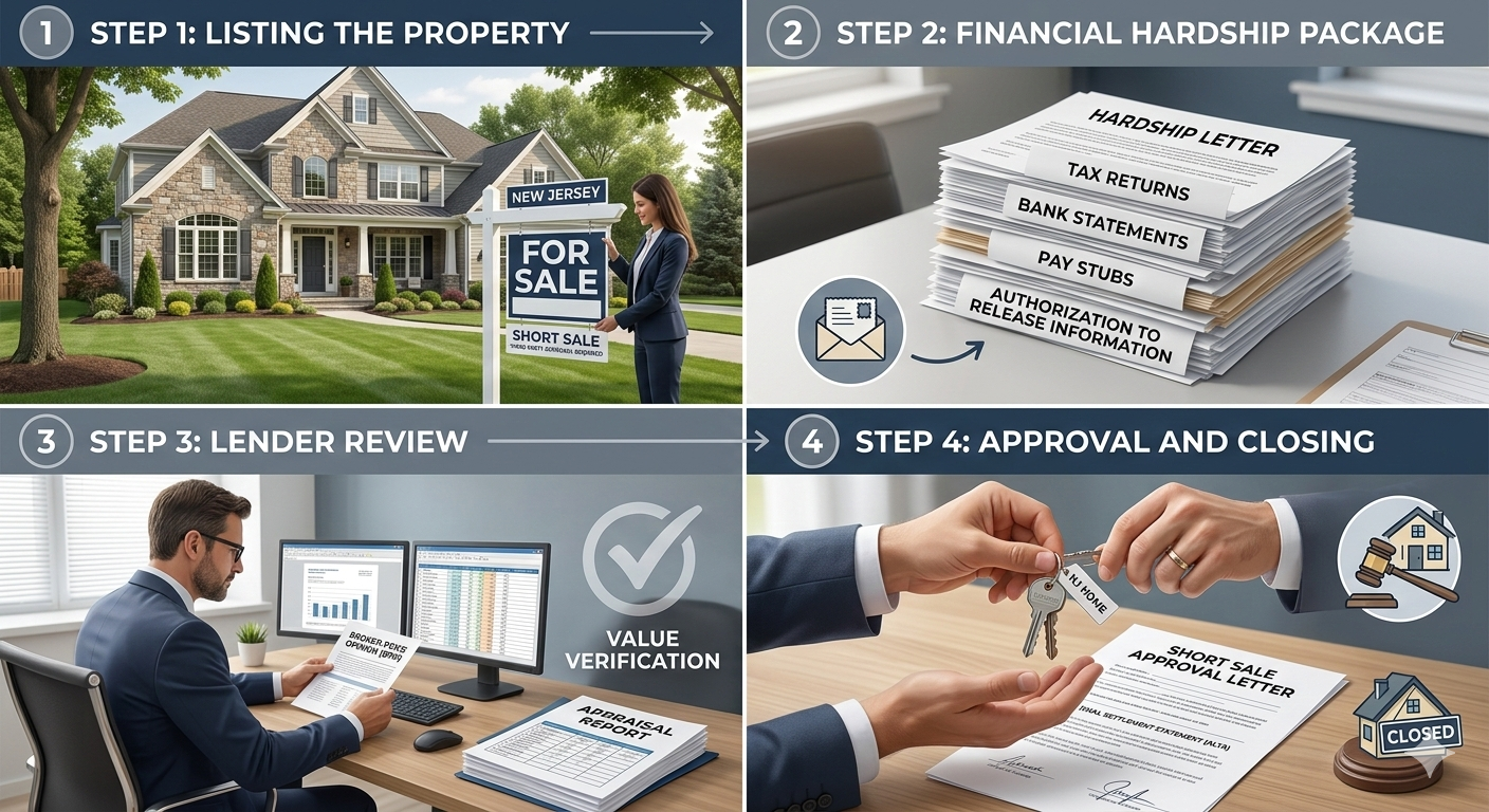Short sale process NJ step by step infographic showing listing property, hardship package documents, lender review, and approval closing in North Jersey.