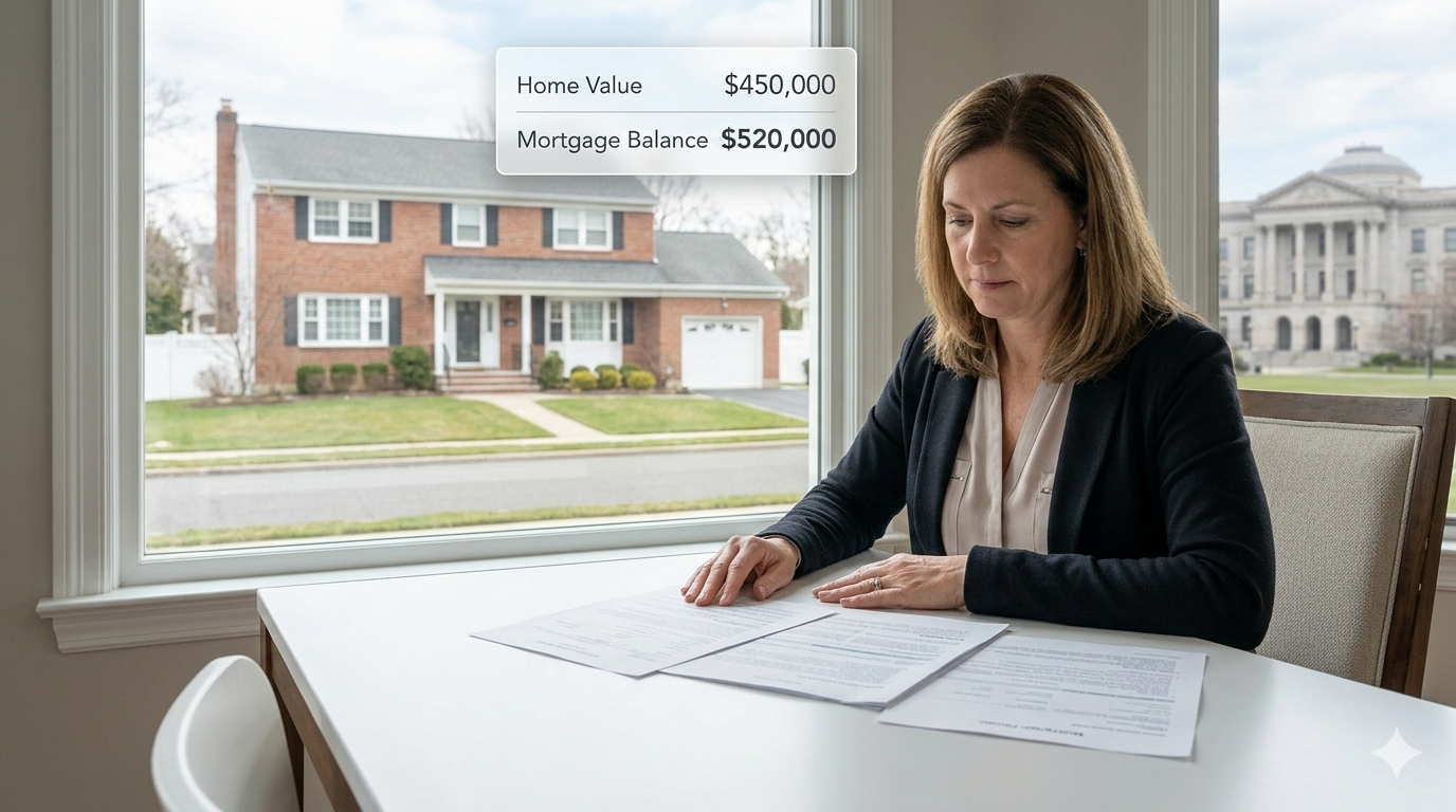Illustration of short sale in NJ showing home value lower than mortgage balance and courthouse representing judicial foreclosure process.