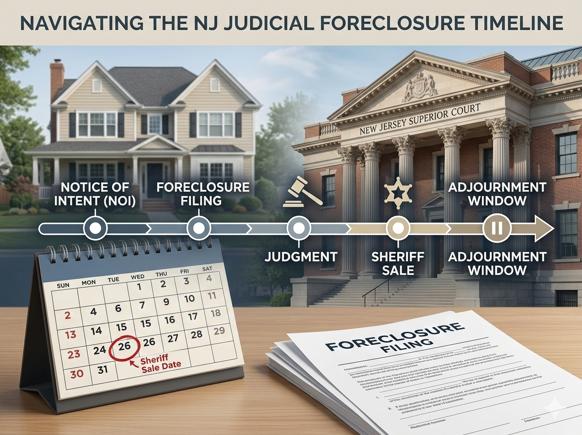 NJ judicial foreclosure timeline showing Superior Court filing, sheriff sale date calendar, and adjournment window for Passaic and Bergen County cases.
