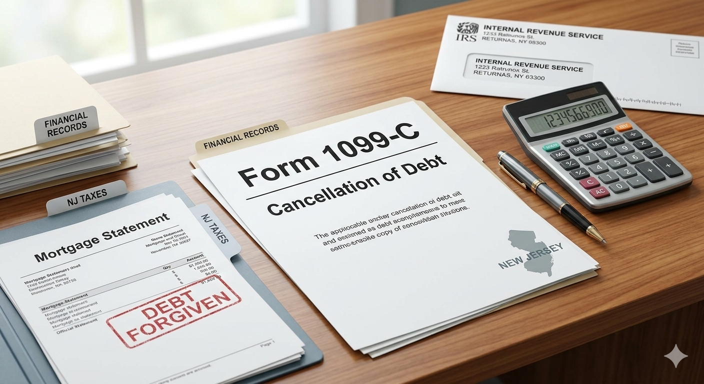 Create a professional financial blog image explaining Form 1099-C cancellation of debt tax in New Jersey. The scene should show a clean desk with a document labeled “Form 1099-C Cancellation of Debt,” a calculator, pen, and organized financial paperwork. Include a subtle mortgage statement with a “Debt Forgiven” stamp. Add a faint IRS style envelope in the background and a small outline of New Jersey to reinforce location context. The design should feel professional, educational, and compliant. High resolution, realistic photography style, neutral office lighting, clean modern layout, no cartoon style, no dramatic emotions.
