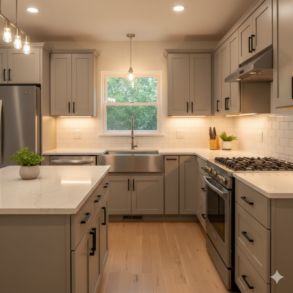 Updated North Jersey kitchen with refaced cabinets, modern hardware, neutral backsplash, warm lighting, and modern appliances, illustrating high-ROI kitchen refreshes that add value without the cost of a full remodel.