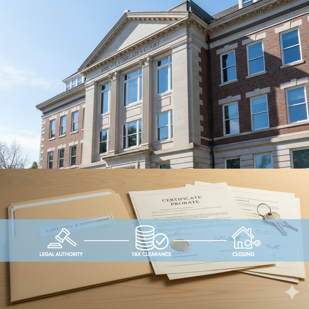New Jersey probate real estate framework showing the Bergen County Surrogate’s Court with estate documents, legal authority, tax clearance, and closing steps required before selling probate property.