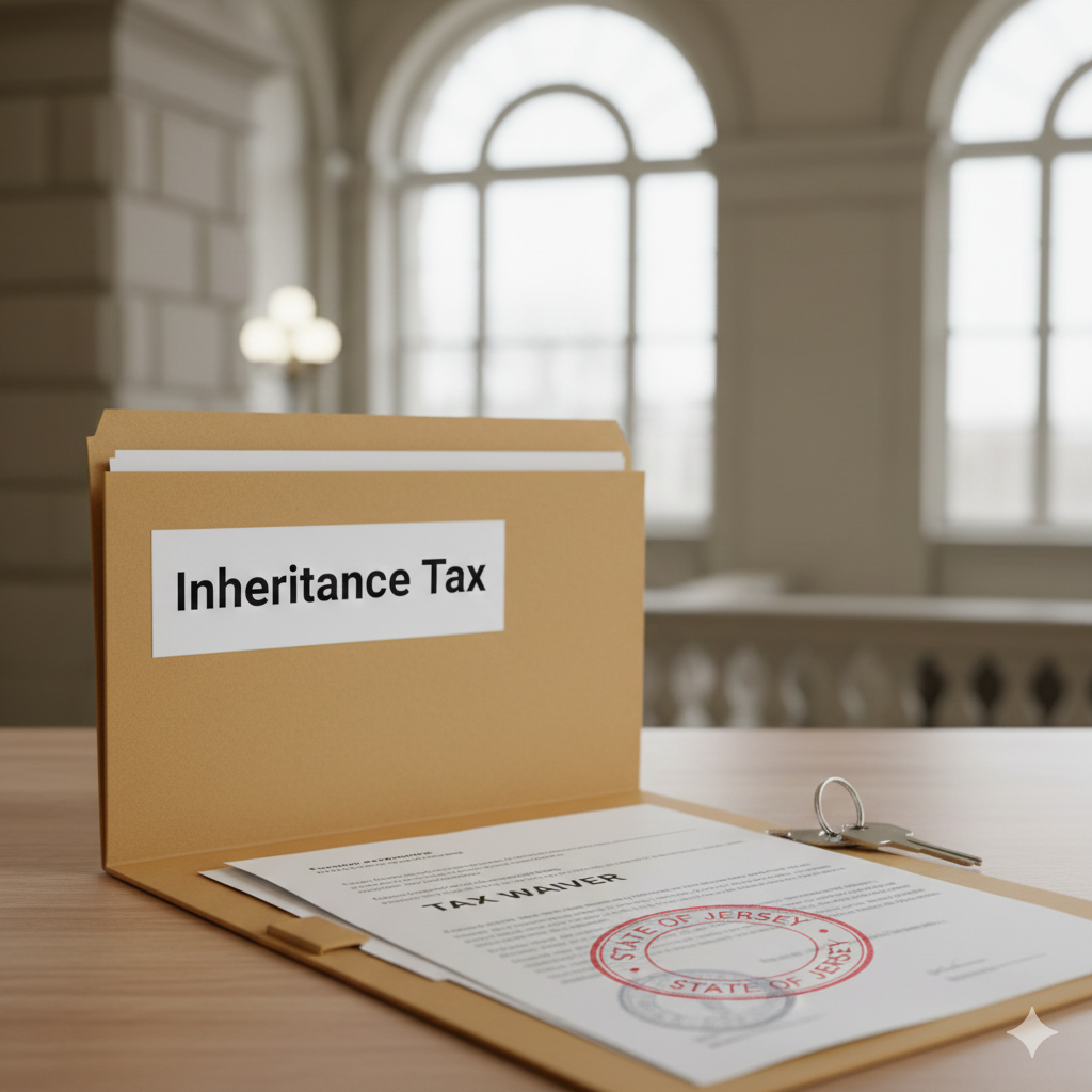 A photorealistic image illustrating New Jersey inheritance tax and real estate requirements. The scene shows organized inheritance tax paperwork on a desk, including a folder labeled “Inheritance Tax” and a stamped tax waiver document. House keys rest beside the documents to symbolize how tax clearance affects real estate closings. The background is a neutral New Jersey government or courthouse setting. The mood is professional, calm, and educational, designed for a probate real estate guide. No text overlays, no logos, no dramatic effects.