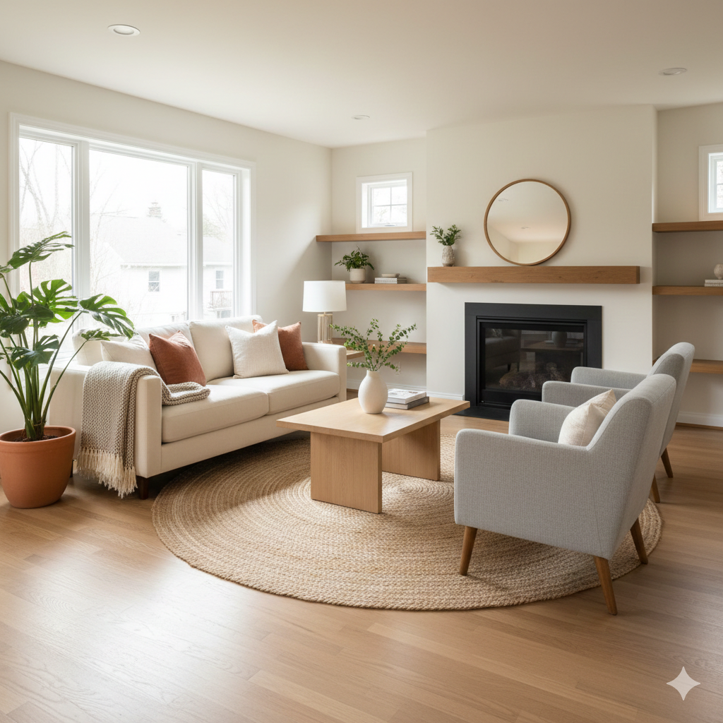 Professionally staged North Jersey living room with warm neutral tones, natural light, and biophilic design elements, creating strong emotional appeal that helps homes stand out and sell faster in competitive Bergen County markets.