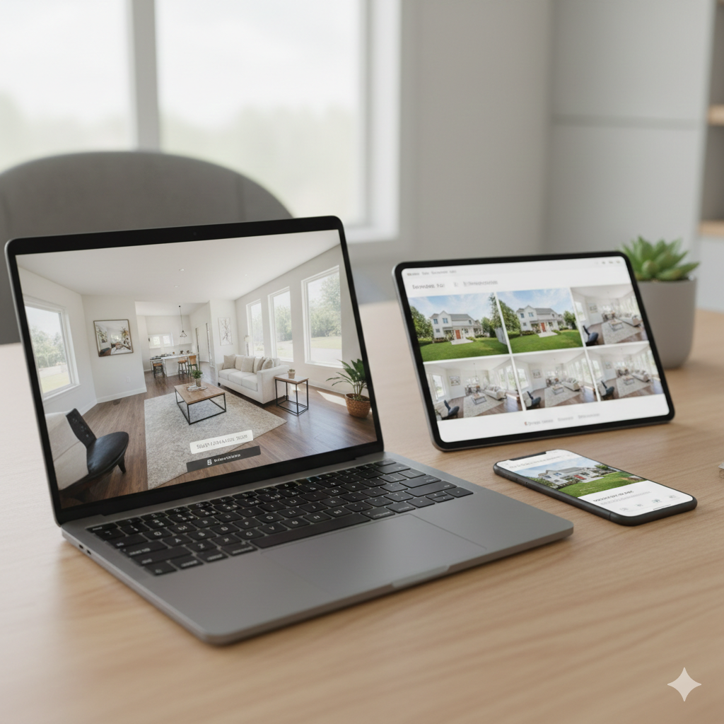 Laptop, tablet, and smartphone displaying a virtual home tour and professional listing photos, showing how digital marketing and VR tours help sellers sell home quickly in North Jersey.