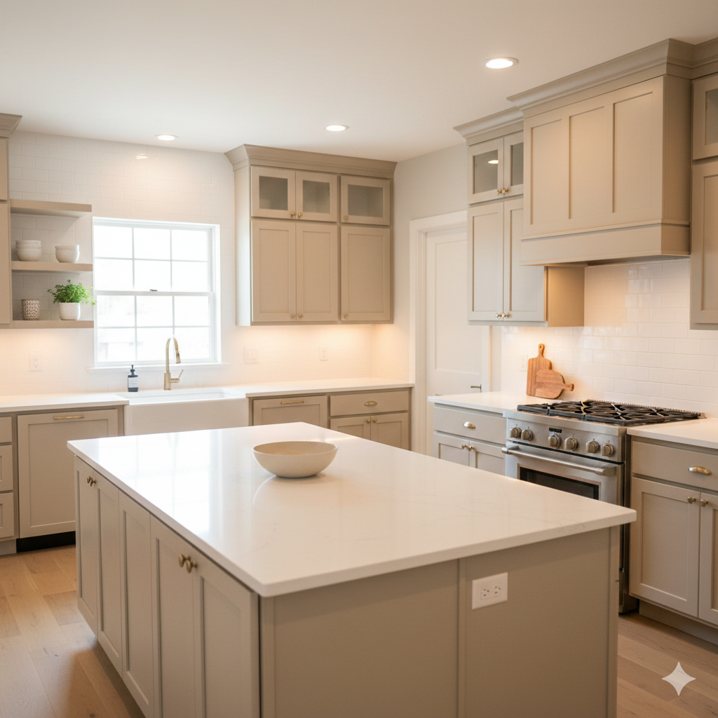Bright, professionally staged North Jersey kitchen with clean countertops, warm lighting, and minimal decor, highlighting effective home staging tips that help buyers imagine daily living and see the home as move-in ready.