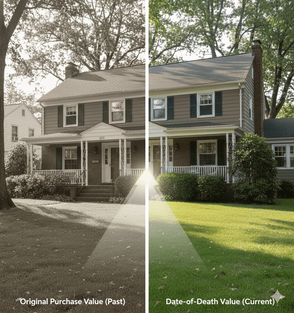 Visual comparison showing the step-up in basis for an inherited Bergen County home, with property value reset from original purchase price to date-of-death value to reduce capital gains tax.