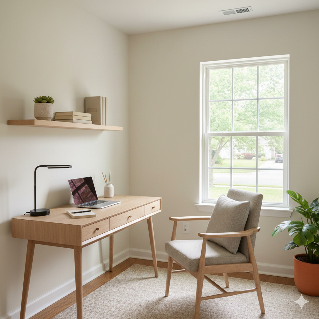 Bright, professionally staged North Jersey home office with neutral furnishings, natural light, and minimal decor, showcasing modern home staging ideas that appeal to NYC commuters and increase buyer value.