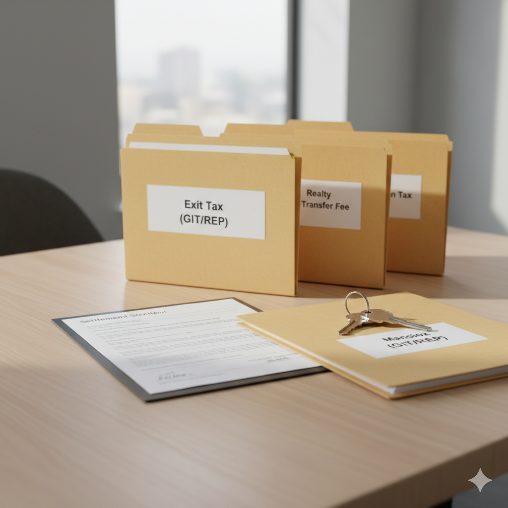 New Jersey estate property closing documents showing Exit Tax (GIT/REP) forms, Realty Transfer Fee, and Mansion Tax paperwork required when selling inherited real estate in 2026.