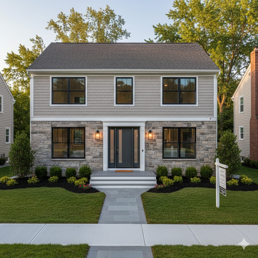 Move-in-ready Bergen County home with strong curb appeal, stone veneer exterior, and modern entry door, illustrating high-ROI home upgrades that add value and help sellers outperform the market in 2026.