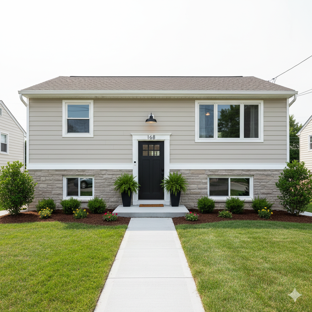 North Jersey home exterior with fresh neutral siding, modern front door, updated exterior lighting, clean landscaping, and trimmed lawn, showcasing low-cost DIY curb appeal improvements that help homes sell faster in 2026.