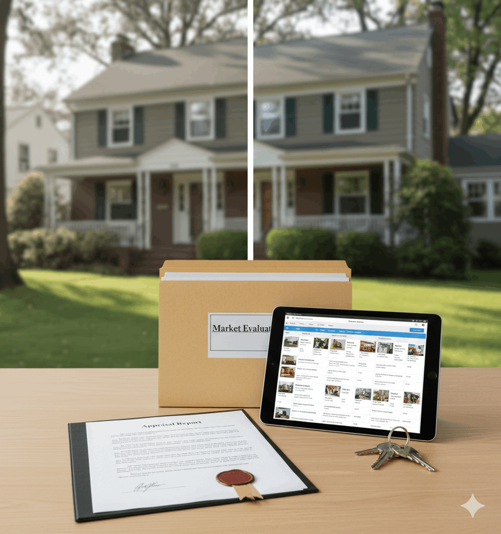 Determining fair market value for an inherited Bergen County home, showing a date-of-death appraisal, market evaluation report, and comparable sales data used for accurate tax planning and pricing.