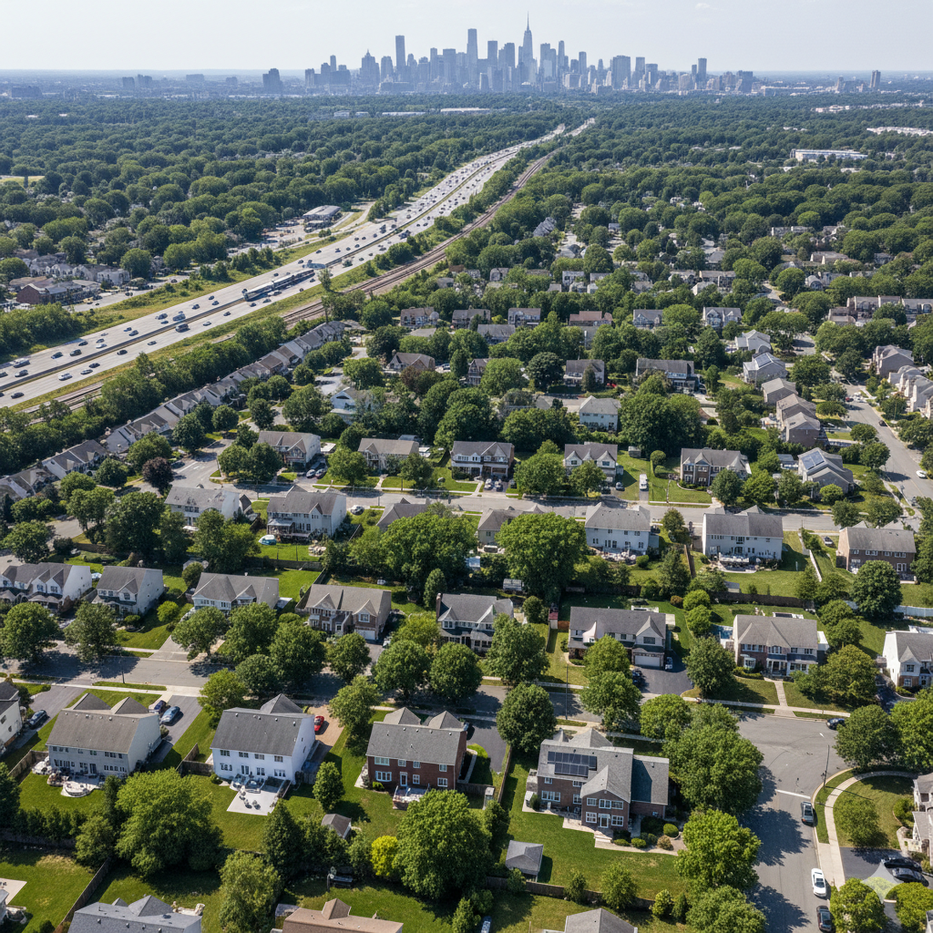 Aerial view of a Bergen County, New Jersey suburban neighborhood with easy NYC commute access, showing strong buyer demand and conditions that help homeowners sell home quickly NJ wide.