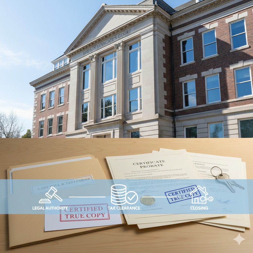 Bergen County Surrogate’s Court with probate documents showing Letters Testamentary, Short Certificate, and legal authority required for heirs and executors to sell estate property in New Jersey.