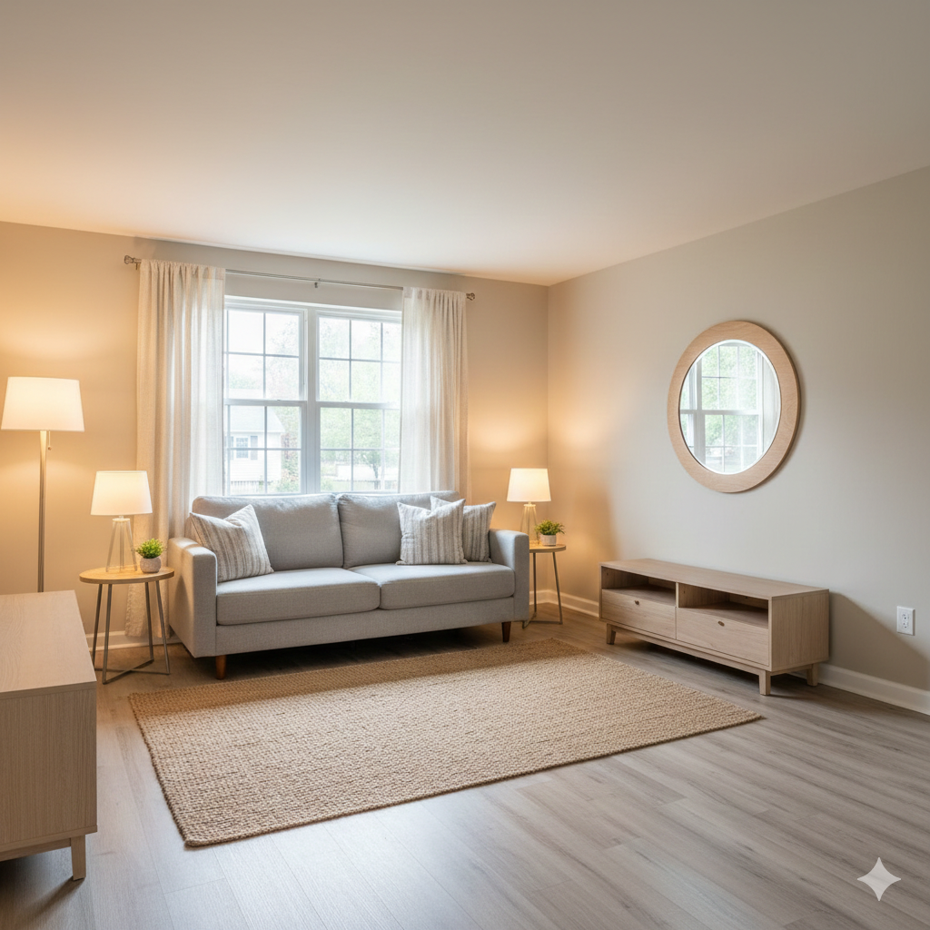 Clean, decluttered North Jersey living room staged with simple furniture, warm LED lighting, and a mirror reflecting natural light, demonstrating budget-friendly DIY home staging tips that deliver high ROI without renovations.