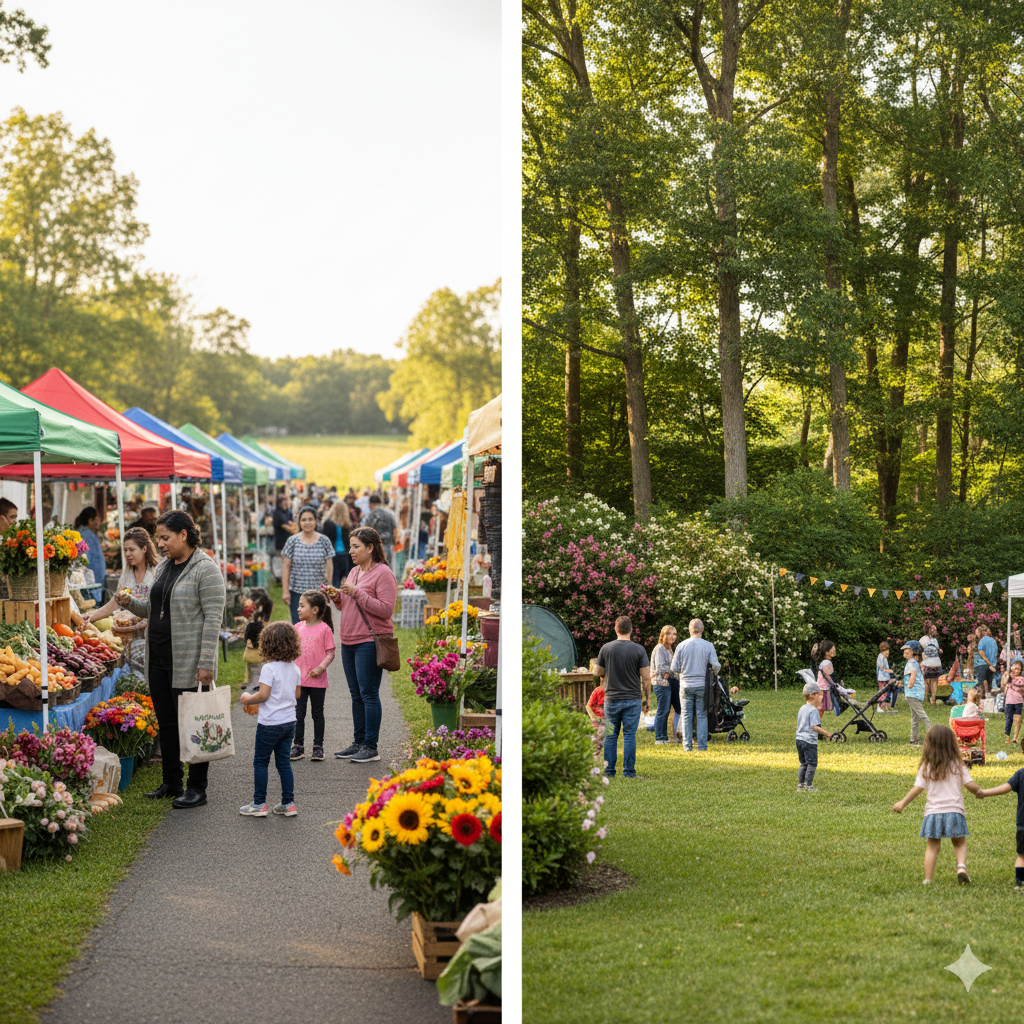 Seasonal weekend activities near me in Bergen County NJ featuring local farmers markets, family-friendly festivals, outdoor community events, and nature-based experiences