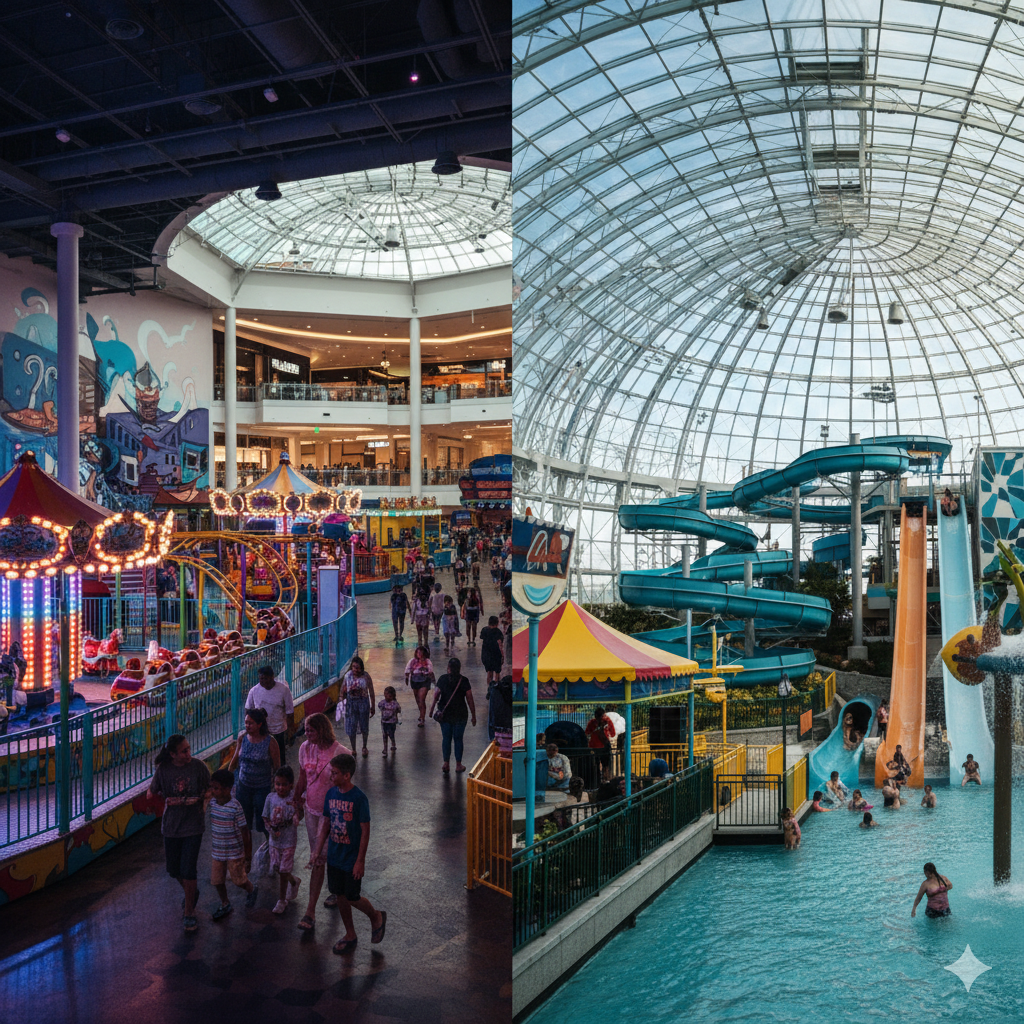 Family-friendly weekend activities in Bergen County NJ featuring indoor fun at Nickelodeon Universe, DreamWorks Water Park, and nearby shopping destinations for year-round entertainment