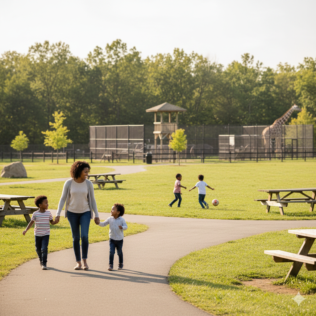Family-friendly weekend activities in Bergen County NJ at Van Saun County Park, featuring parents and children enjoying open green space, walking paths, picnic areas, and the Bergen County Zoo
