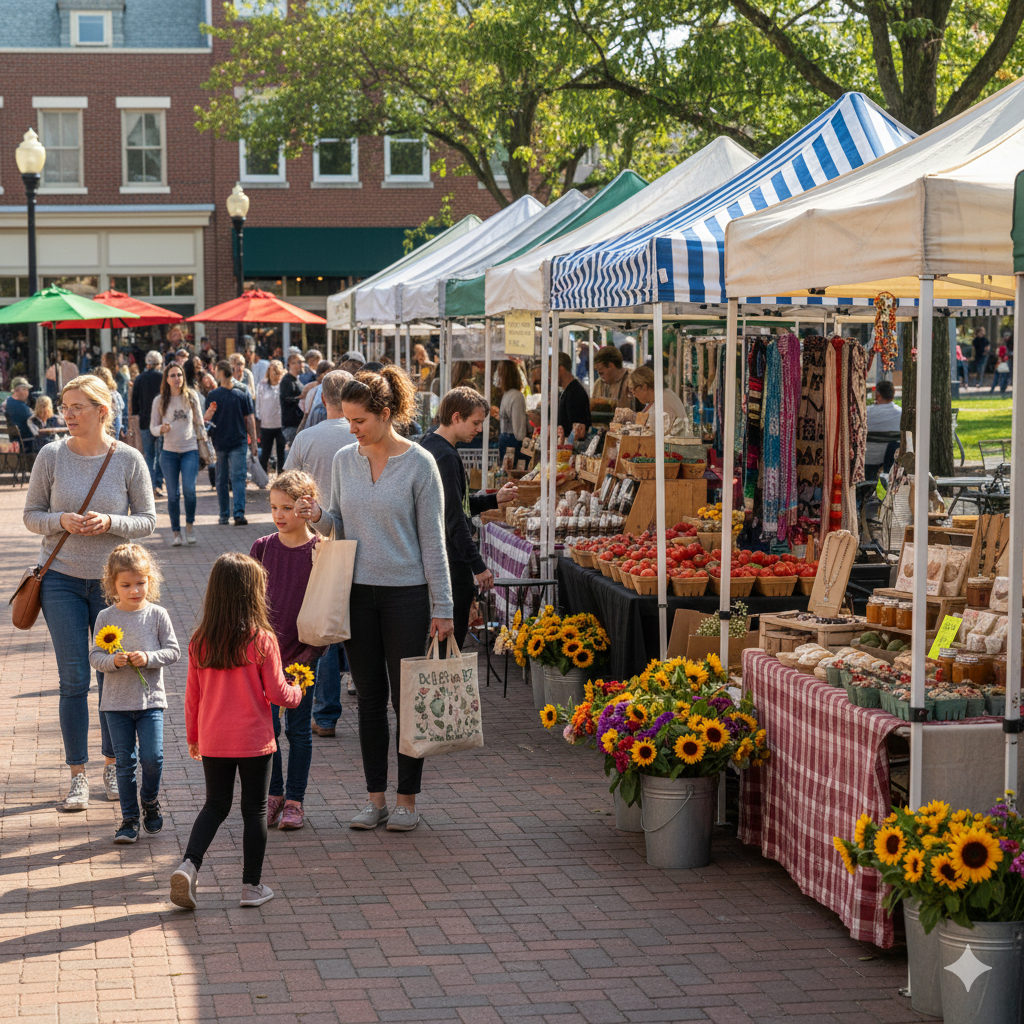 Farmers markets near me in Bergen County NJ featuring families browsing artisan crafts, fresh produce, flowers, and local vendors during a weekend community event