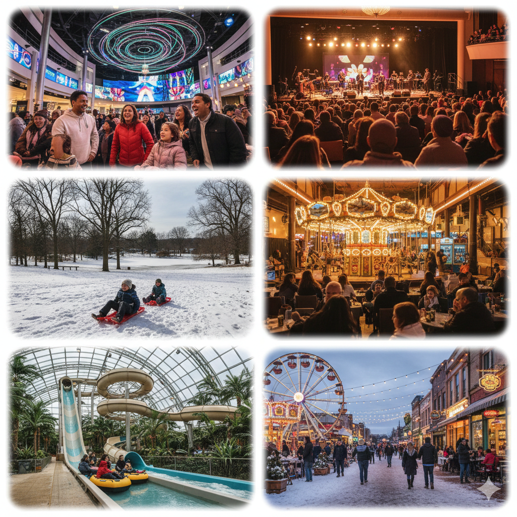 Top things to do this weekend in Bergen County NJ, featuring family activities, live concerts, winter park fun, indoor attractions, downtown dining, and weekend events near me