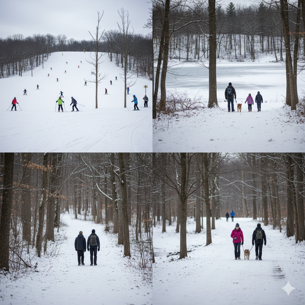 Winter outdoor recreation in Bergen County NJ featuring skiing at Campgaw Mountain, scenic hiking trails, and peaceful walks through snow-covered county parks for things to do near me