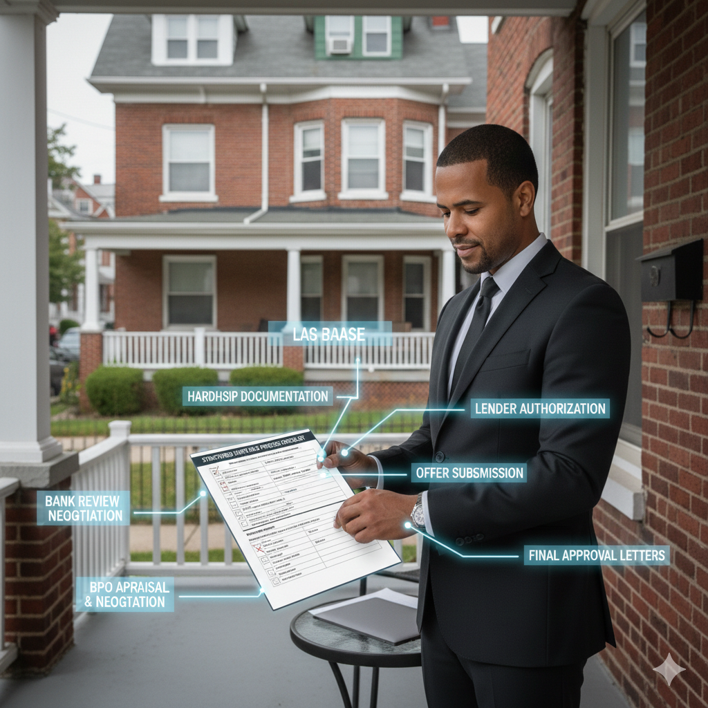 Real estate agent reviewing a step-by-step NJ short sale process checklist at a Paterson NJ home, showing hardship documentation, lender authorization, offer submission, BPO appraisal, bank review, and final approval for short sale homes.