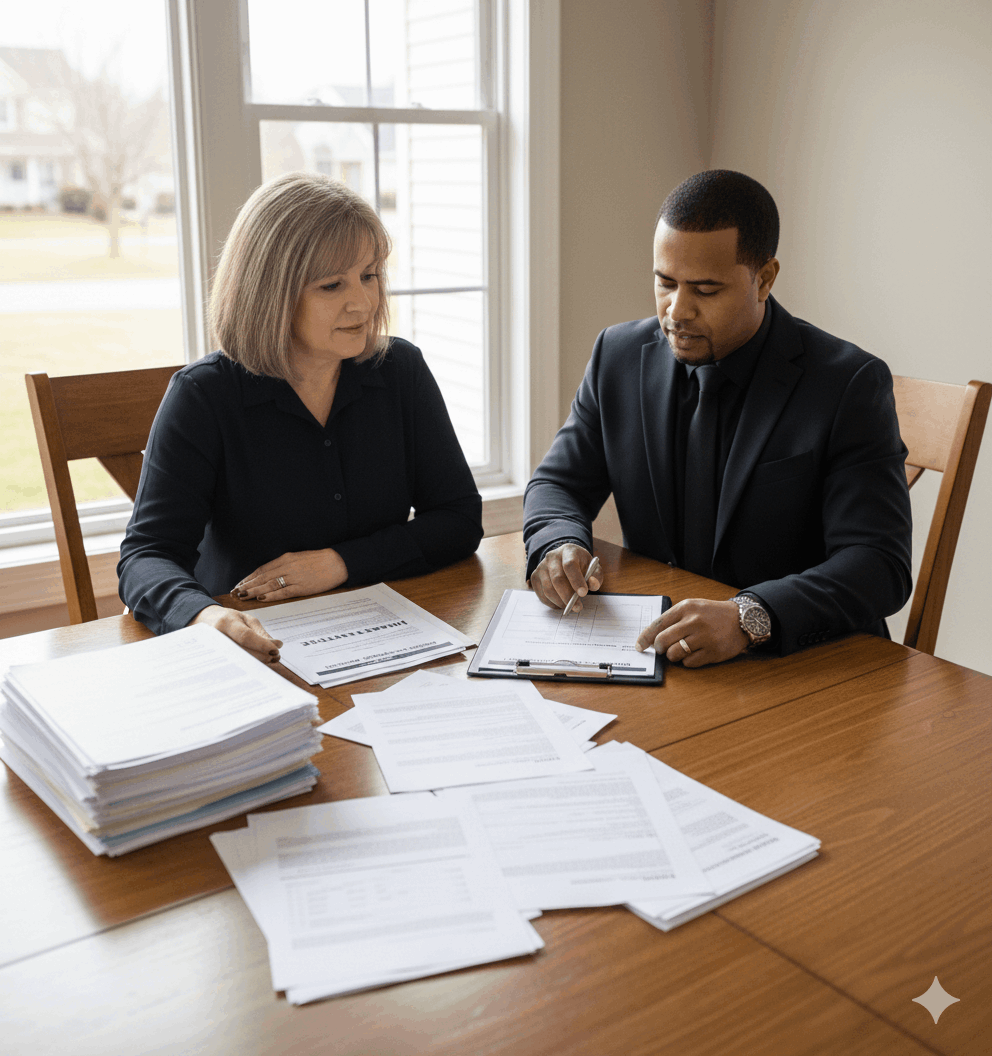 Homeowner and real estate agent organizing a complete short sale package, reviewing hardship letter, financial forms, tax returns, and bank statements to shorten the short sale timeline and secure lender approval.