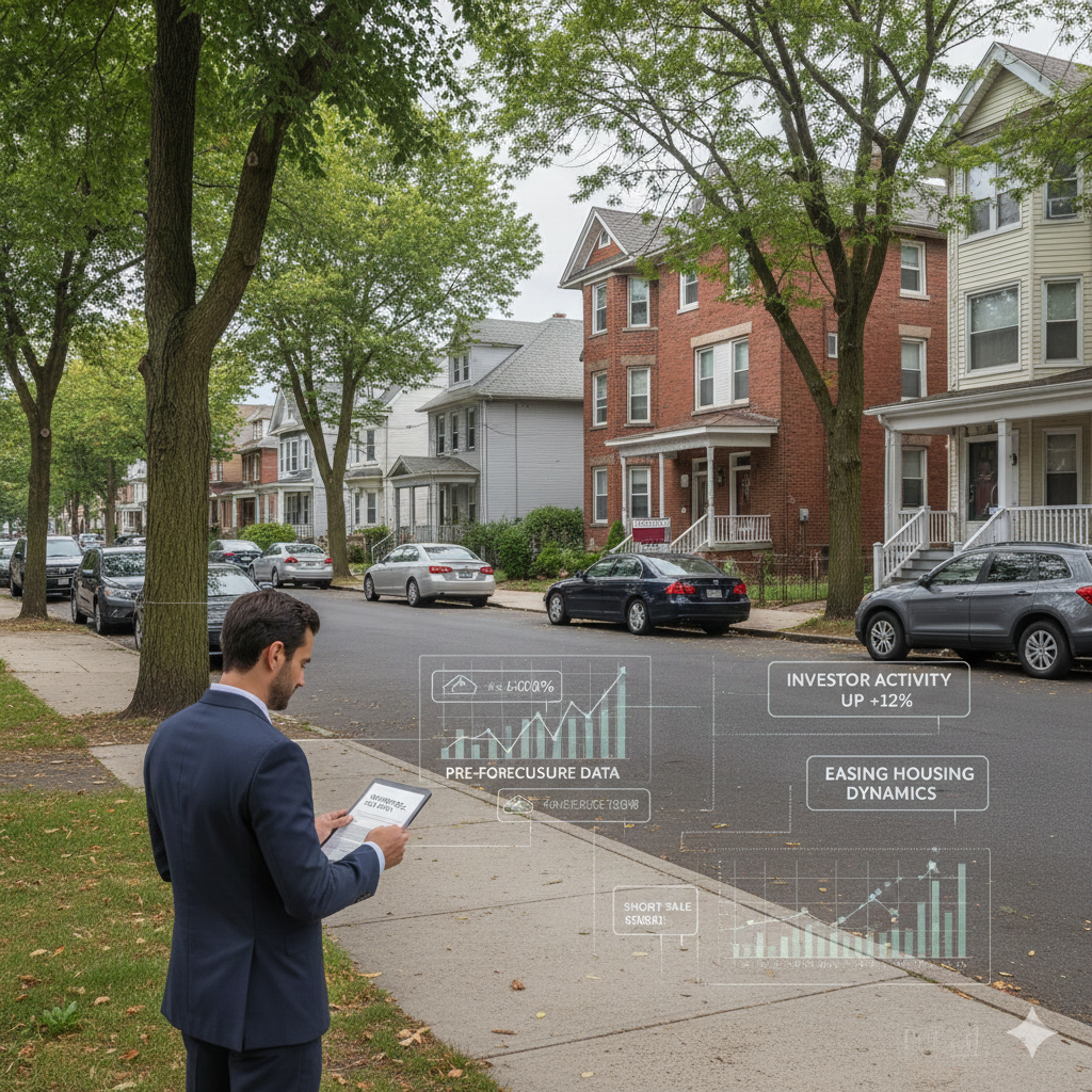 Paterson NJ residential street showing multi-family and single-family homes with a real estate agent reviewing market data, illustrating the 2026 Paterson real estate outlook and short sale home trends.