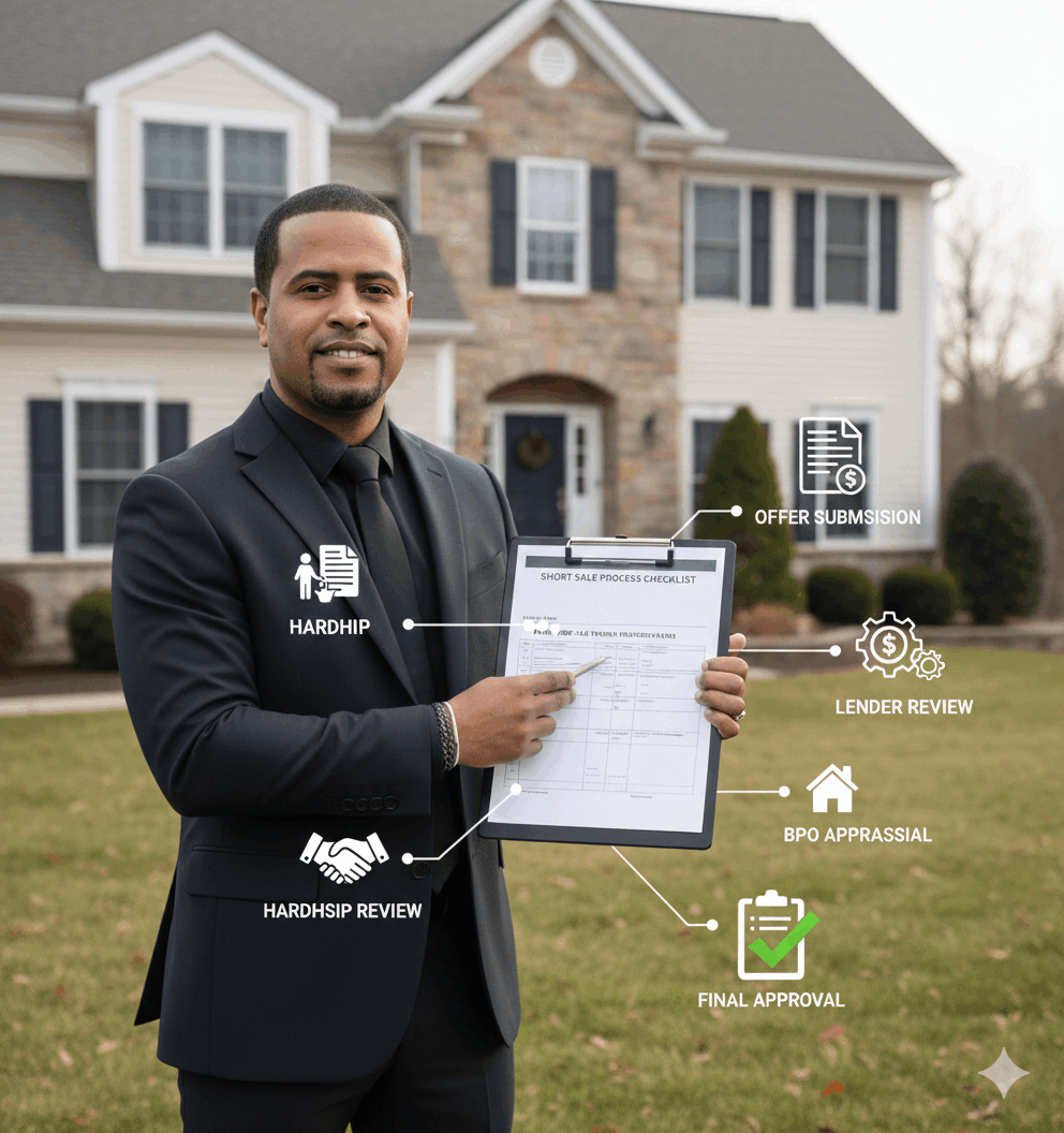 Real estate agent reviewing short sale eligibility criteria in Passaic County, showing hardship verification, lender review, BPO appraisal, and approval steps for the short sale process.