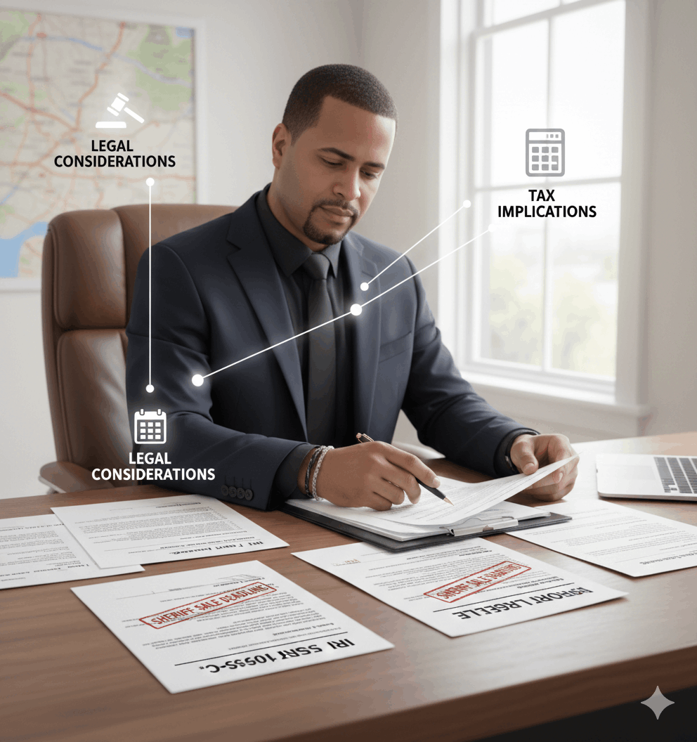Real estate professional reviewing legal and tax documents related to a Paterson NJ short sale, highlighting Passaic County sheriff sale deadlines, legal considerations, and IRS Form 1099-C tax implications.