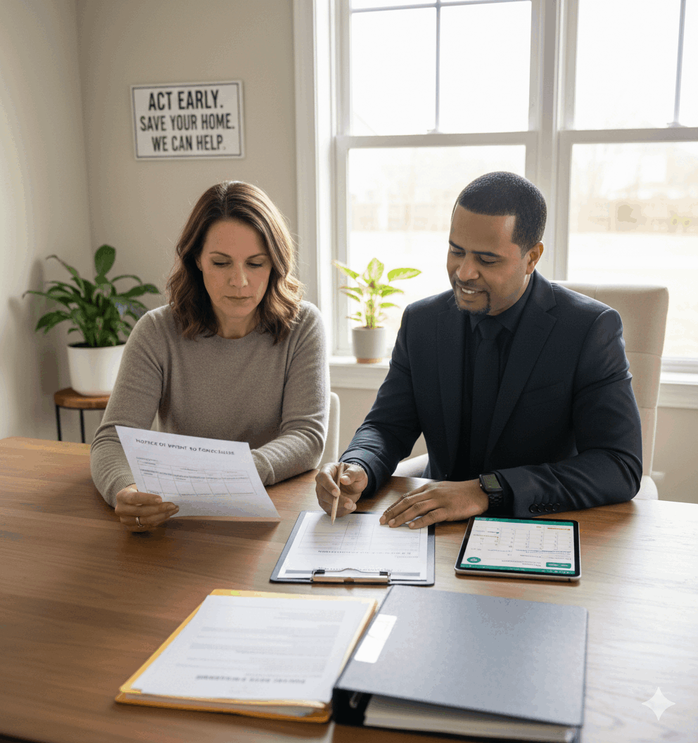 Homeowner reviewing a Notice of Intent to Foreclose with a real estate professional, discussing mediation, loan modification, and short sale options to avoid foreclosure.
