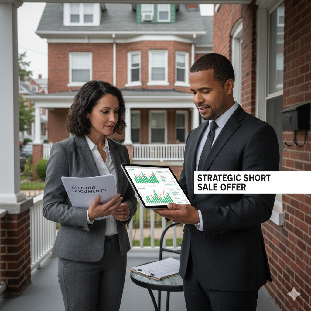 Buyer and real estate agent reviewing a strategic short sale offer at a Paterson NJ home, illustrating buyer strategies for securing below-market short sale homes with clean offers and lender-aligned pricing.