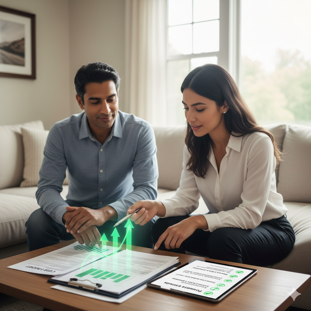 Homeowner reviewing credit documents with a real estate professional, showing the benefits of a short sale for credit recovery and reduced long-term credit damage compared to foreclosure.
