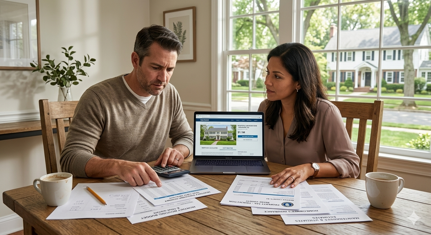 Couple reviewing mortgage taxes and insurance costs when evaluating Bergen County NJ home prices and the true cost of homeownership in 2026.