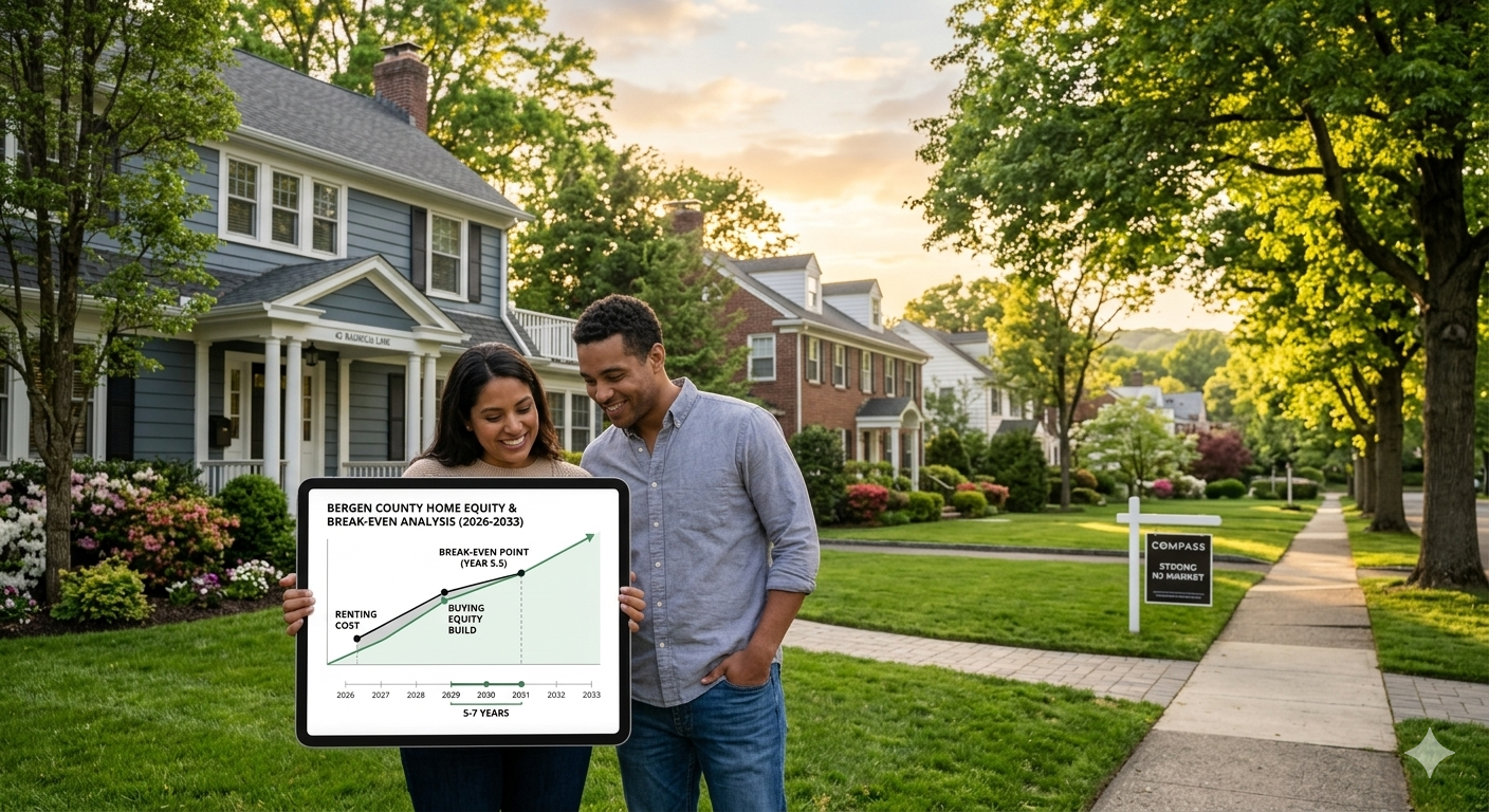 Couple reviewing home equity growth and break-even timeline when buying a home based on Bergen County NJ home prices and market appreciation.