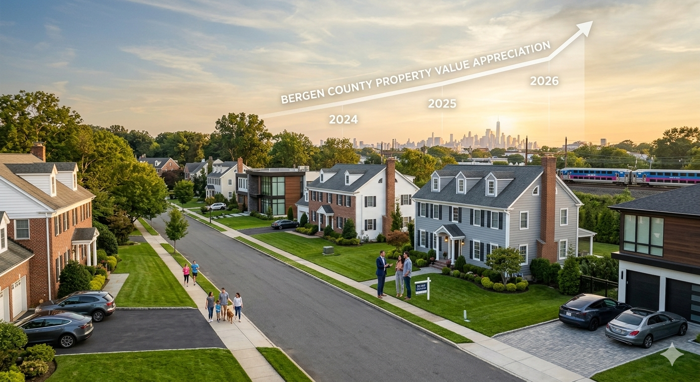 Bergen County NJ suburban homes with NYC skyline representing the Bergen County housing market outlook for 2026
