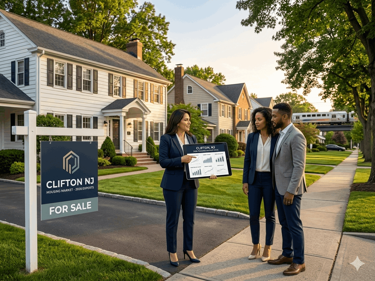 Create a professional real estate editorial image representing a top realtor helping clients in Clifton, New Jersey. Show a confident real estate agent standing with a couple in front of a beautiful suburban home typical of Clifton NJ, such as a colonial style house with a manicured lawn and tree lined street.  The agent is reviewing property information on a tablet showing home pricing charts and market data while speaking with the buyers. A modern real estate yard sign is visible near the driveway. The neighborhood should look clean, welcoming, and desirable.  In the background subtly include elements representing Northern New Jersey commuter living, such as a NJ Transit train passing in the distance or a faint New York City skyline.  Use warm golden hour lighting and a polished magazine style composition that feels luxurious, professional, and trustworthy. The image should represent expertise, negotiation skills, and strong real estate leadership in the Clifton NJ housing market for 2026.