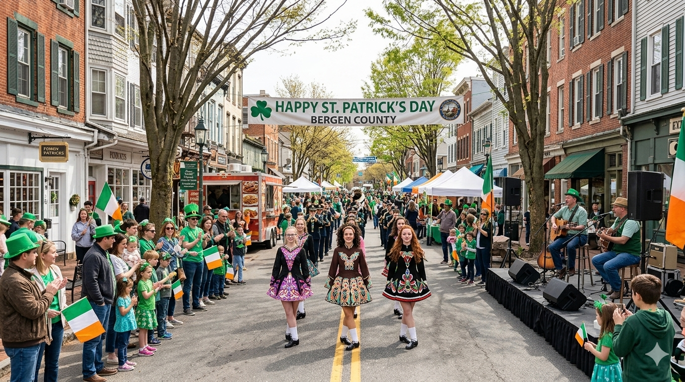 Family friendly St Patrick's Day festival in Bergen County with Irish dancers, marching bands, and families celebrating North Jersey community events.